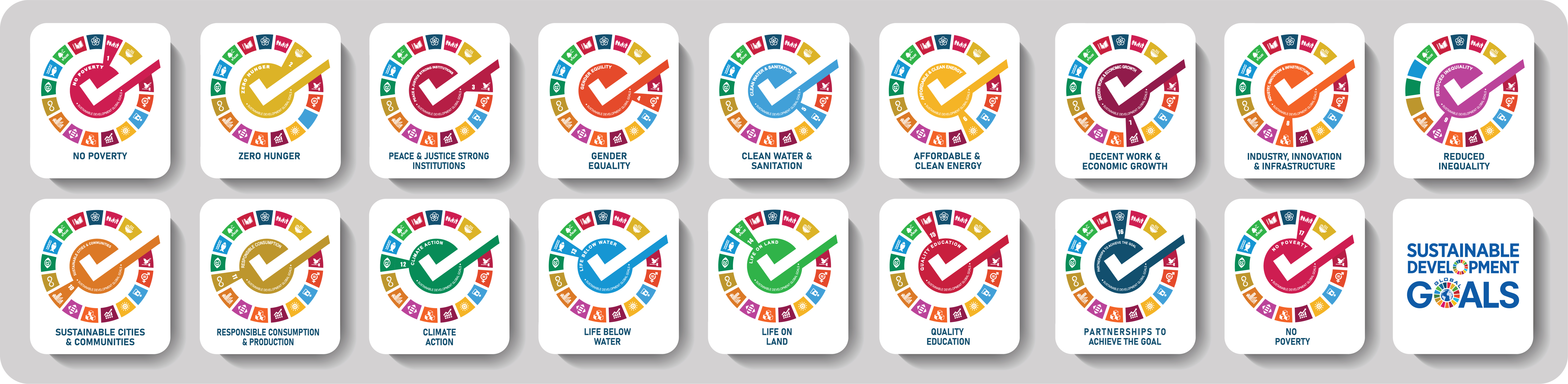 Das Bild zeigt die 17 Ziele der Nachhaltigkeit: alle Icons nebeneinander