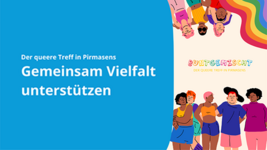 Grafik mit gezeichneten Menschen, einem Regenbogen und mit der Aufschrift: "Der queere Treff in Pirmasens - Gemeinsam Vielfalt unterstützen. Buntgemischt: der queere Treff in Pirmasens" 