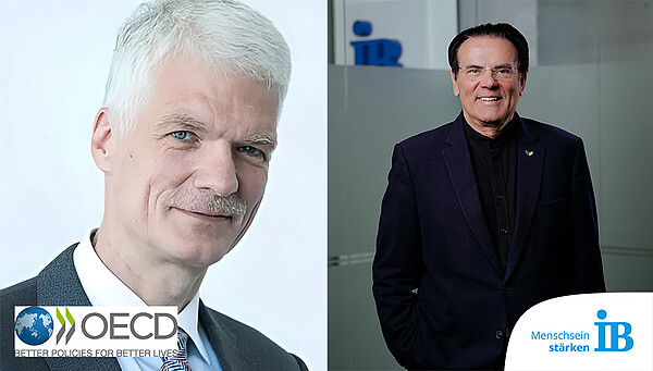 Zusammengesetztes Foto: Links im Bild ein Porträtfoto von Prof. Andreas Schleicher vor weißem Hintergrund, in der rechten Bildhälfte ist Thiemo Fojkar stehend vor einem graußen Hintergrund abgebildet.